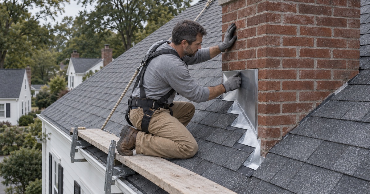 New counter flashing let into a cut mortar joint over step flashing on a brick chimney in White Horse, Hamilton Township.