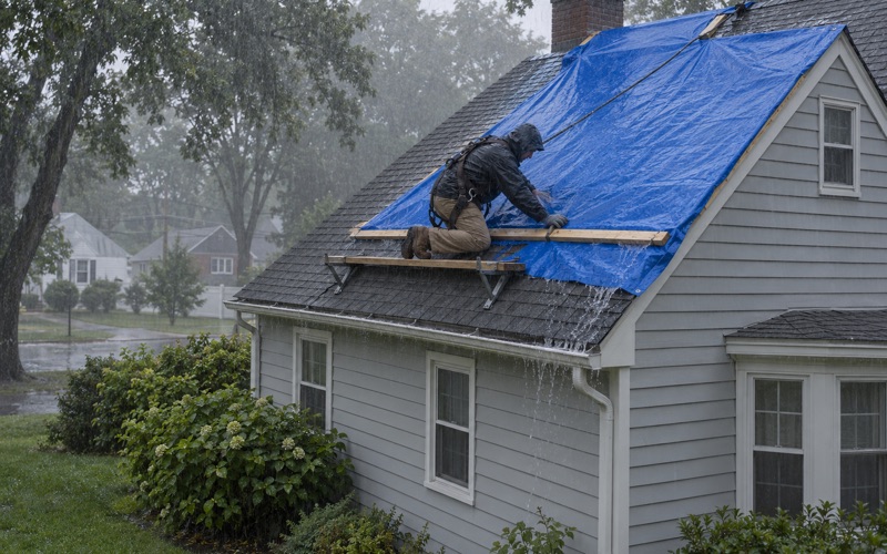 A blue tarp battened over the ridge of a storm-damaged Cape Cod in Mercerville during heavy rain.