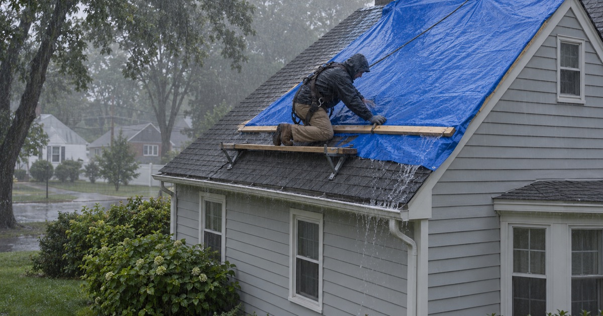 A blue tarp battened over the ridge of a storm-damaged Cape Cod in Mercerville during heavy rain.