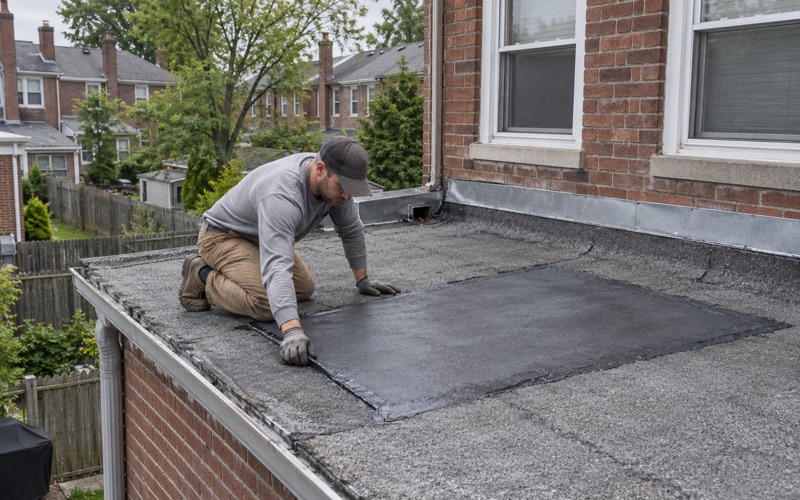 A modified bitumen patch set on the flat roof of a rear kitchen extension behind a 1920s twin in Bromley, Hamilton Township.