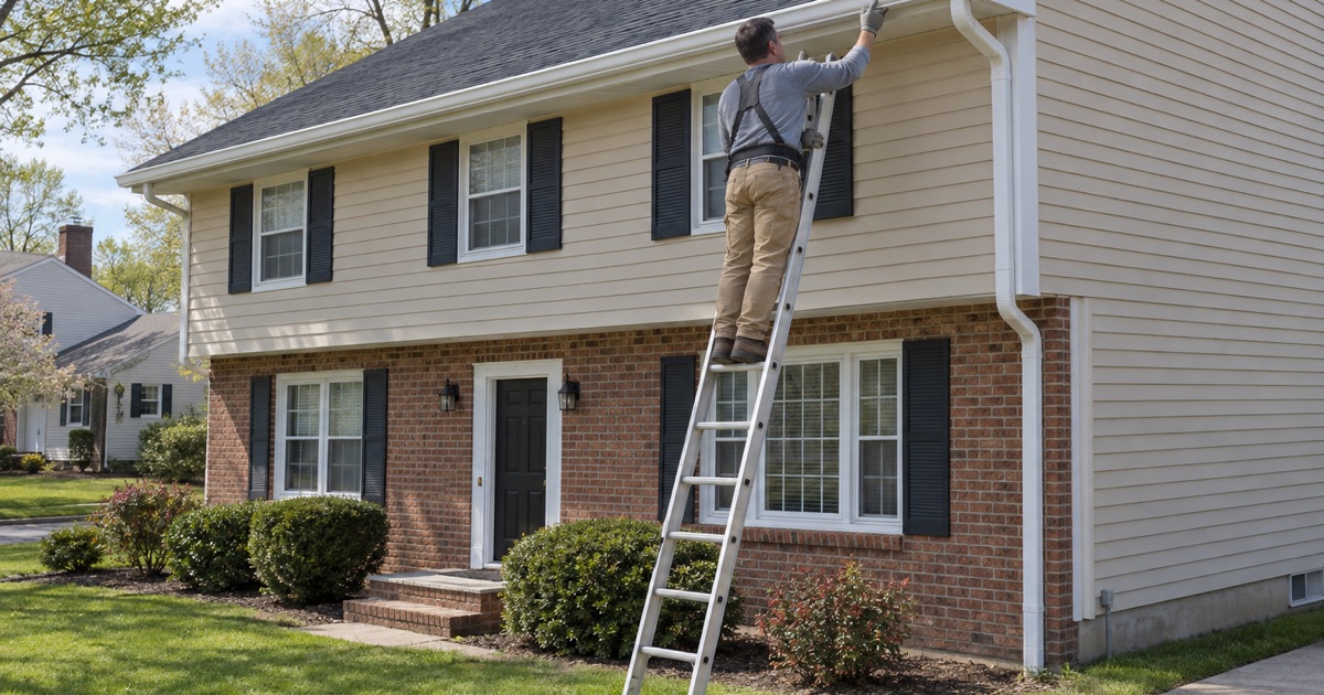 A new seamless gutter guided onto its hangers along the eave of a two-story colonial in Hamilton Square, Hamilton Township.