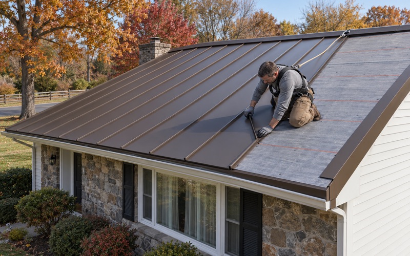 Dark bronze standing-seam metal panels going onto the low-pitch roof of a 1950s ranch in Yardville, Hamilton Township.
