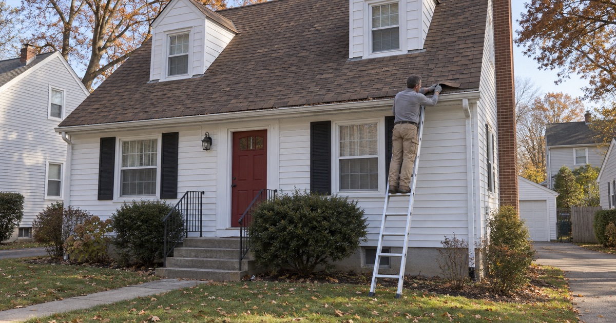 A roofer checking curled shingles and loose granules at the eave of a 1950s Cape Cod in White Horse, Hamilton Township.