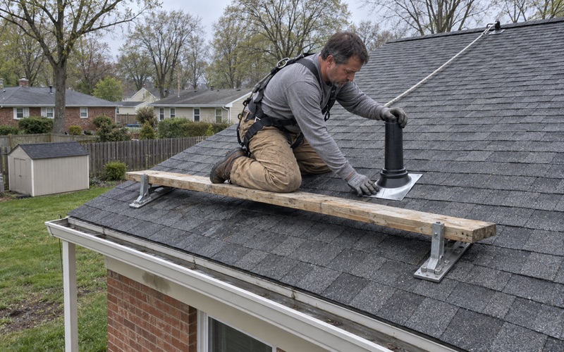 A new pipe boot lapped into the shingles around a plumbing vent on a 1950s ranch in Groveville, Hamilton Township.