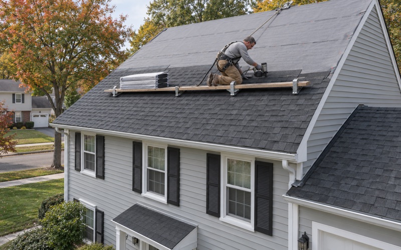 New charcoal shingles nailed up the front slope of a 1960s two-story colonial in Mercerville during a full roof replacement.