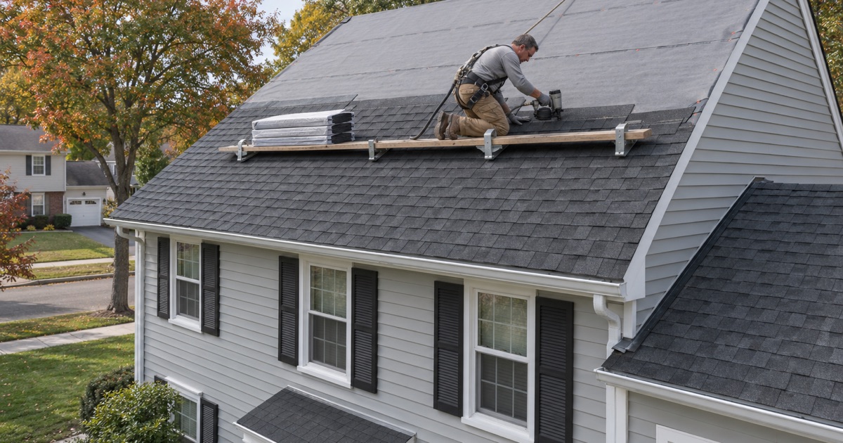 New charcoal shingles nailed up the front slope of a 1960s two-story colonial in Mercerville during a full roof replacement.