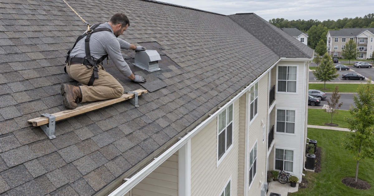 Shingles replaced around an exhaust vent on the roof of an occupied three-story garden apartment building in Bordentown Township.