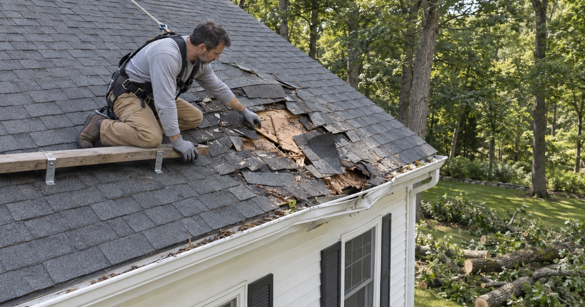 Roof storm damage in Bound Brook recorded for a homeowners claim before the repair