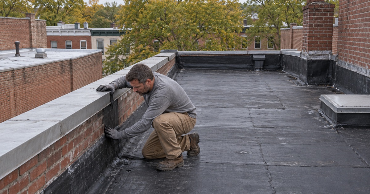 The flat roof behind the parapet of a High Street storefront building with apartments above in Burlington City.
