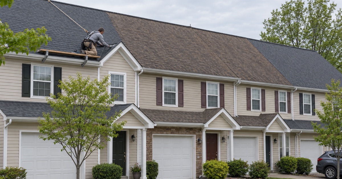 One long roofline crossing several owners’ units in a Cinnaminson Harbour townhome row, re-roofed section by section.