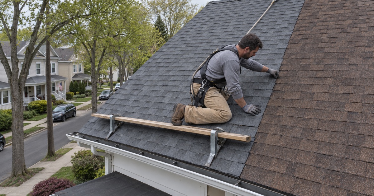 One half of a Collingswood twin re-roofed to the party wall, where the new shingles meet the neighbor’s side.