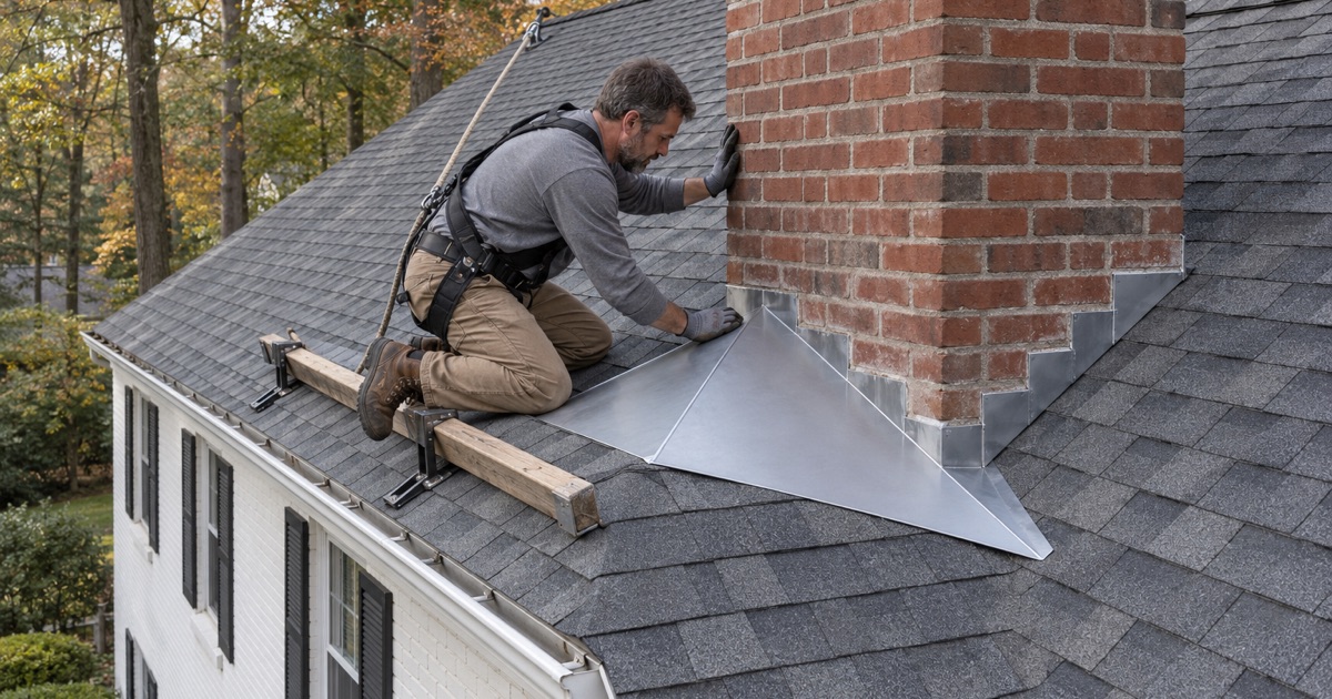 A new metal cricket framed behind a wide brick chimney on a colonial in Doylestown Township, parting water around it.