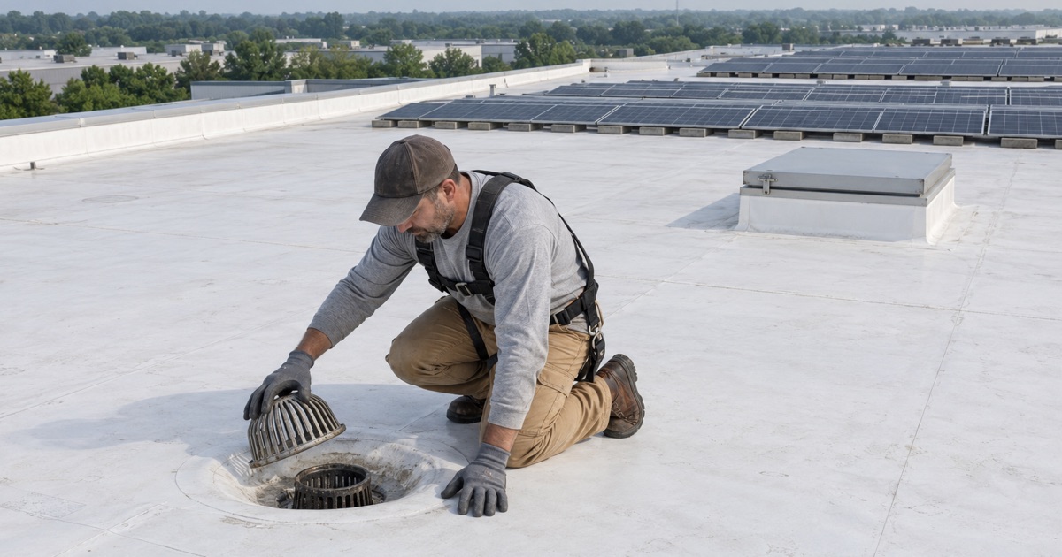 A roofer checking a roof drain on the white membrane roof of a large distribution warehouse in Florence Township, solar panels beyond.