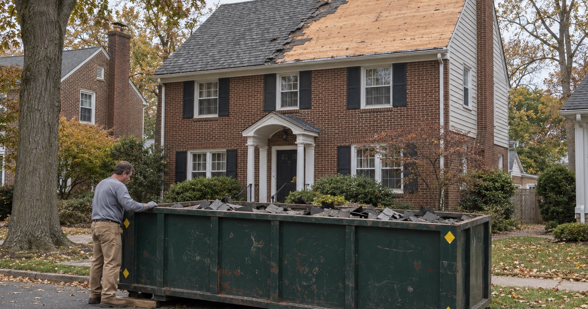 A tear-off container with reflectors set at the curb in front of a 1930s house in Haddon Township on the first day of a re-roof.