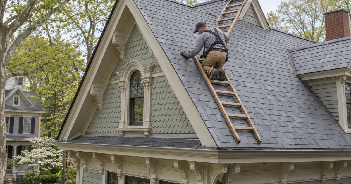 A roofer working a steep slate roof on a tall Victorian house in Haddonfield from an L-shaped ladder hooked over the ridge.