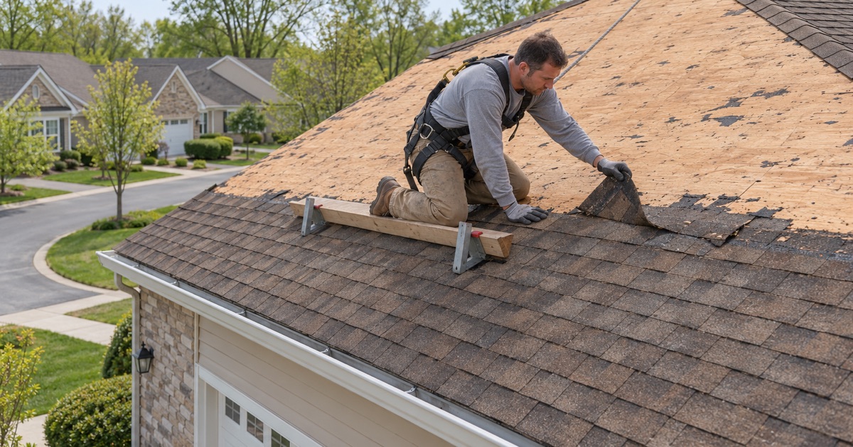 The original late-1990s shingles coming off an age-restricted carriage home in Holmdel at its first roof replacement.