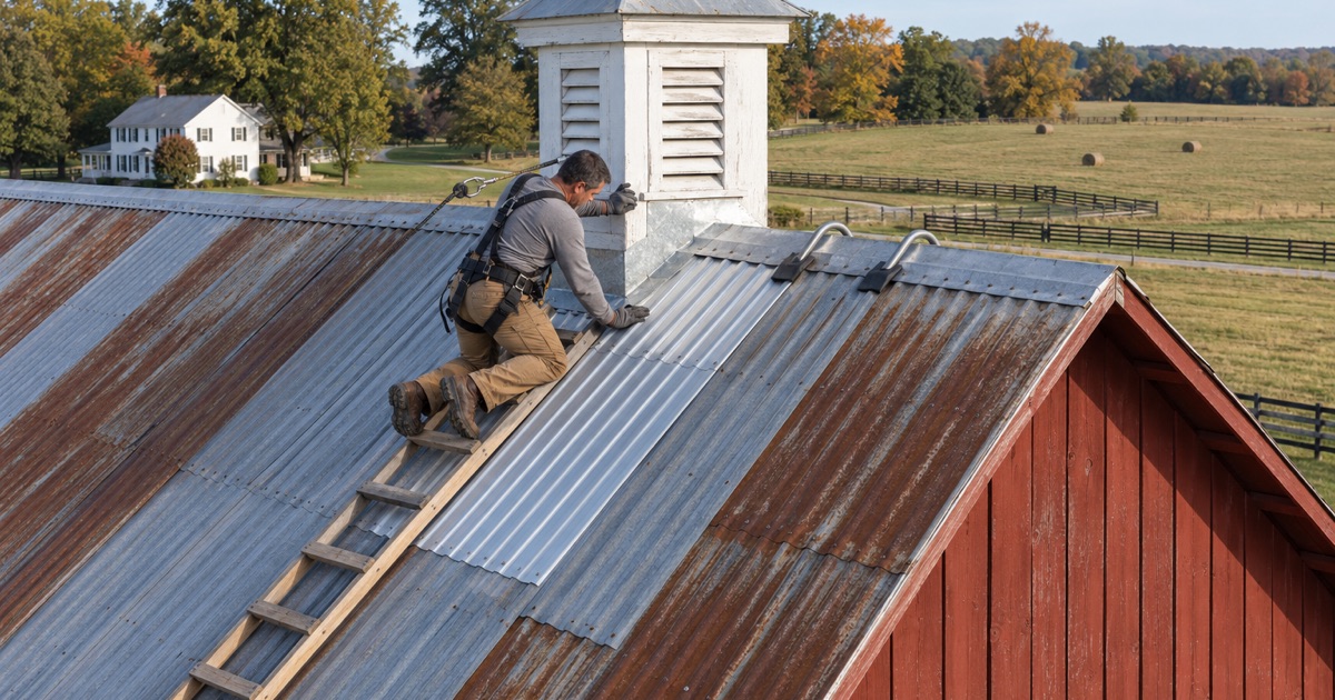 A roofer at the cupola of a corrugated metal barn roof on a preserved farm in Hopewell Township.