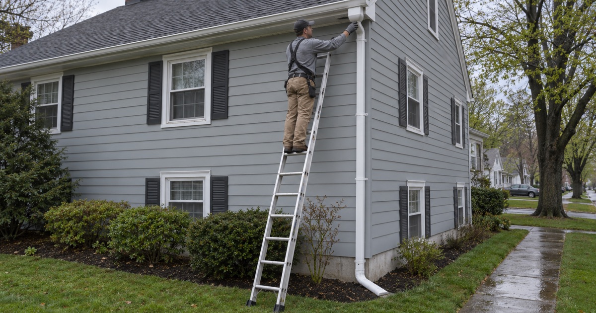 A re-pitched gutter and new leader box carrying heavy rain off a house in Lumberton