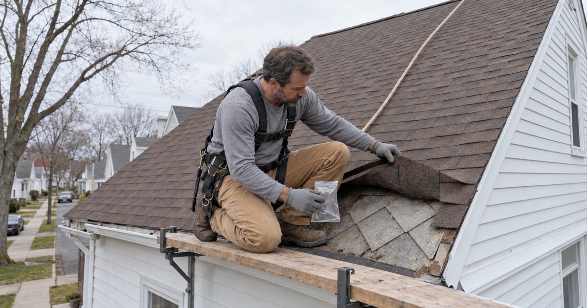 An older layer of stiff gray cement shingles found under the asphalt on a postwar house in Manville, checked before any tear-off.