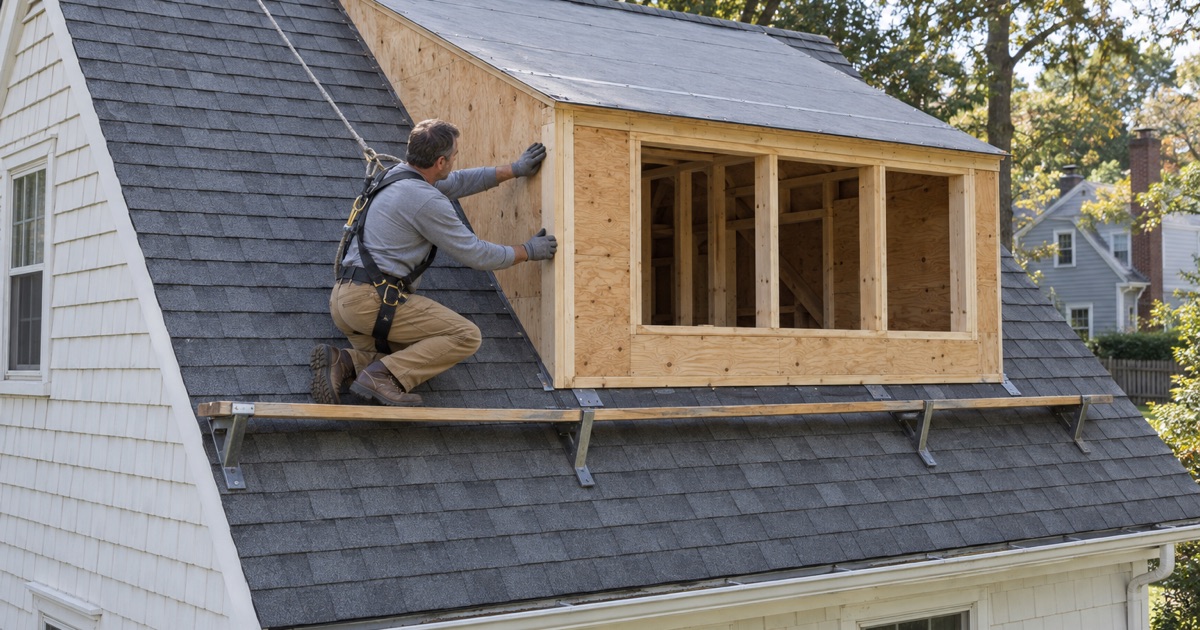 A new shed dormer framed into the half-story roof of a Cape Cod in Metuchen during a re-roof.