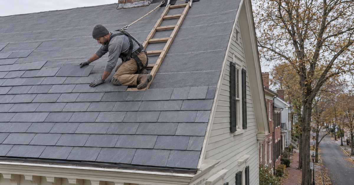 Synthetic slate going onto the steep roof of a 19th-century frame house in the Mount Holly historic district.