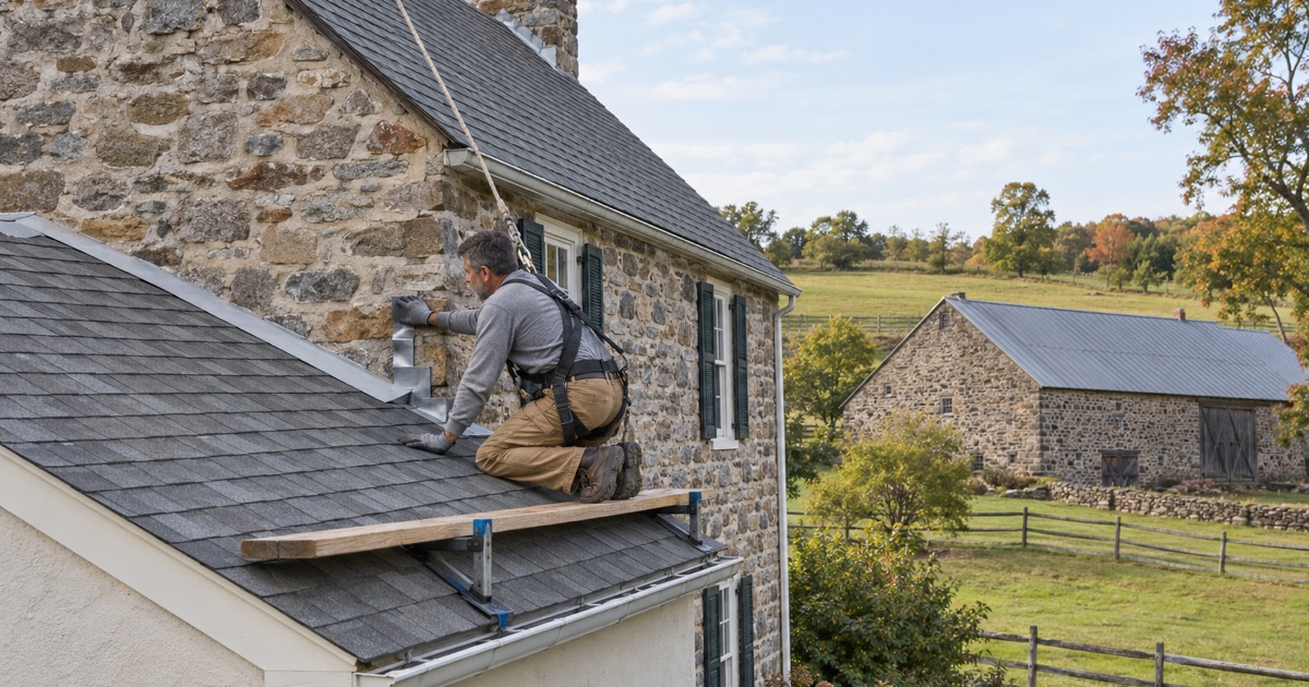 Step flashing woven where an addition’s roof meets the fieldstone gable of a farmhouse in New Britain Township