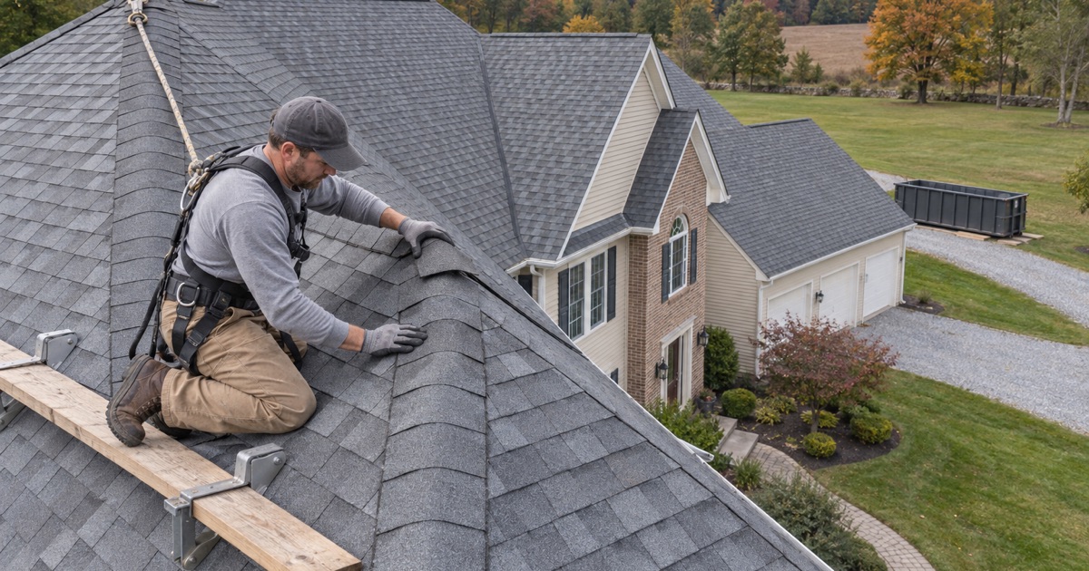 A new roof on a large house beside open preserved land in Readington Township