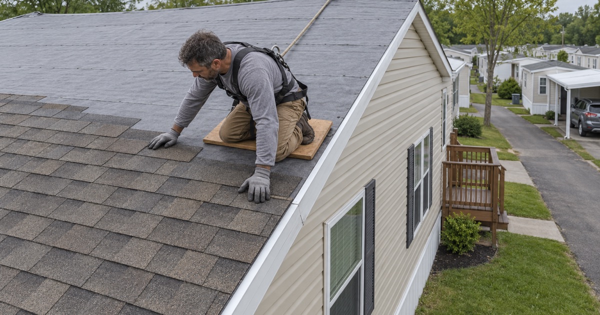New shingles going onto the low-pitch roof of a manufactured home in Newtown Village, Robbinsville’s township-owned community.