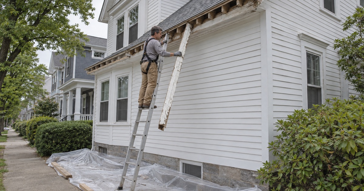 Painted fascia removed above plastic sheeting during a lead-safe re-roof of an older rented house in Somerville.
