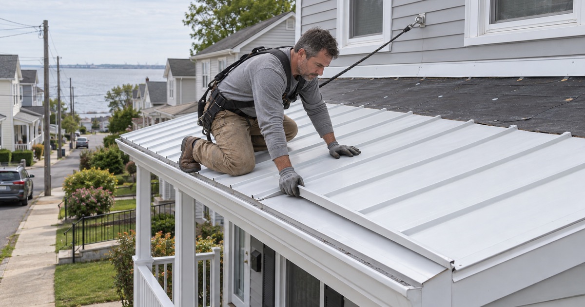 White aluminum standing-seam panels going onto a porch roof in South Amboy, a strip of Raritan Bay beyond.