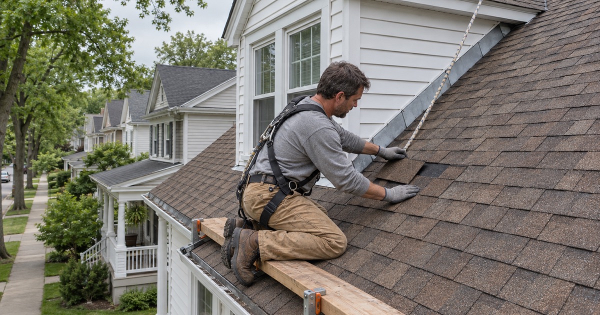 Missing shingles replaced beside a dormer on an older South River house before it goes on the market