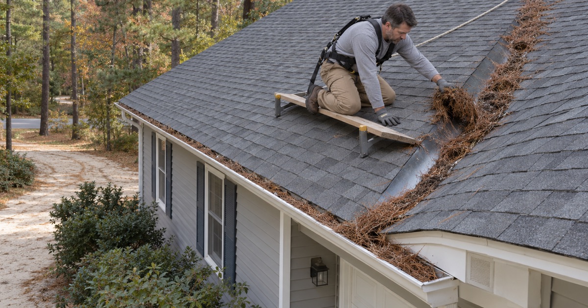 Pine needles cleared from a roof valley on a ranch among pitch pines in Southampton Township’s Pine Barrens.