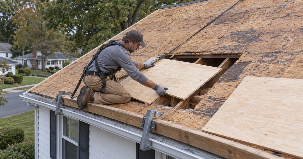 New plywood slid into the deck of a postwar split-level during a re-roof in Upper Southampton
