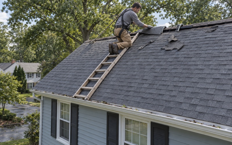 New ridge cap shingles replacing wind-torn ones along the ridge of a Hamilton Square colonial after a summer storm.